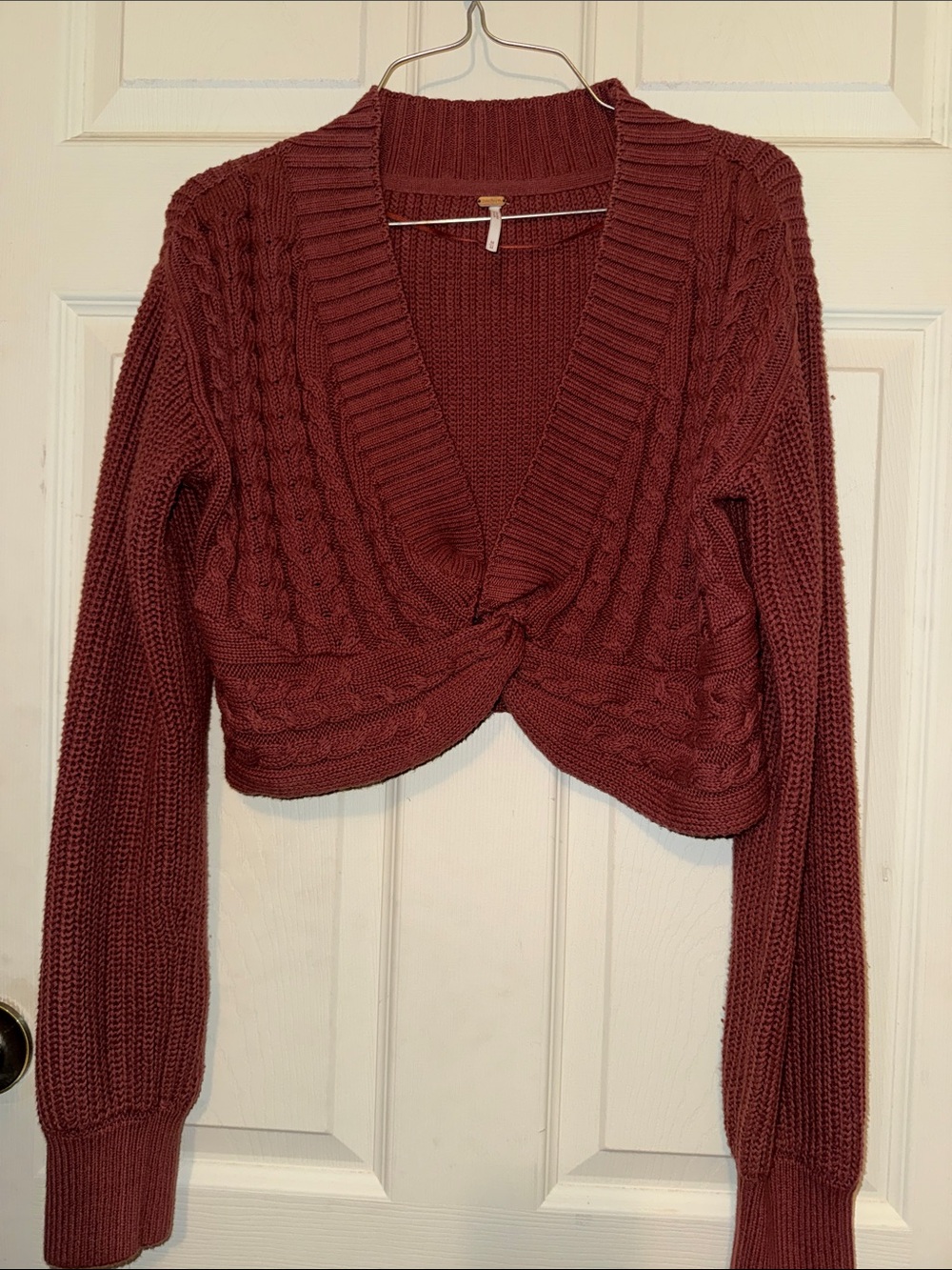 Free People Burgundy Cable-Knit Cropped‎ V-Neck Twist Sweater